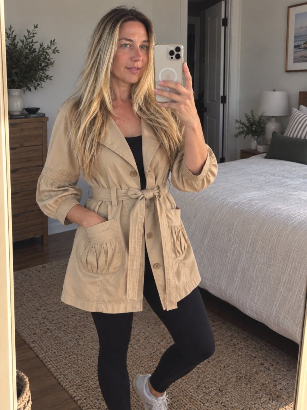 Beige Belted Trench Coat Pleated Pockets Size M - TALIE brand